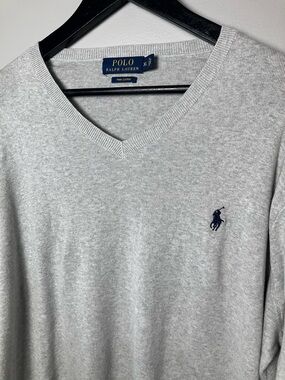 Polo Ralph Lauren Men's Light Gray V-neck Pima Cotton Sweater Navy Logo Size XL